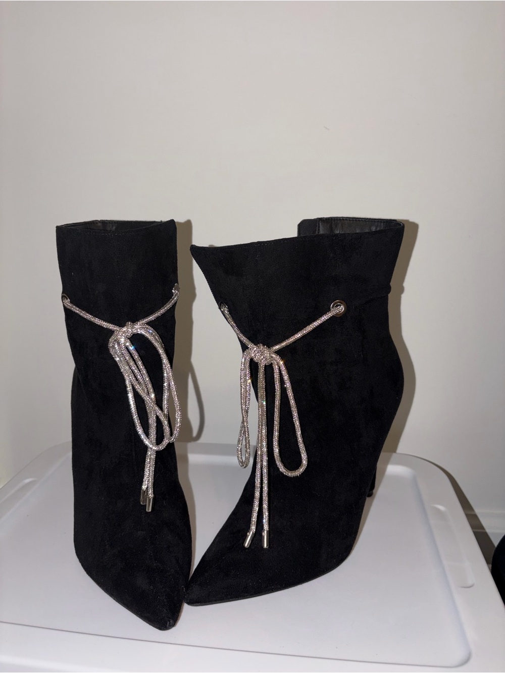 Steve Madden Black Suede Pointed Ankle Boots with Rhinestone Tie